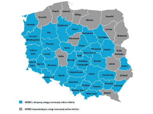 Uproszczona mapa zasięgu 49 WORD utworzonych we wszystkich byłych miastach wojewódzkich. Źródło: InfoCar