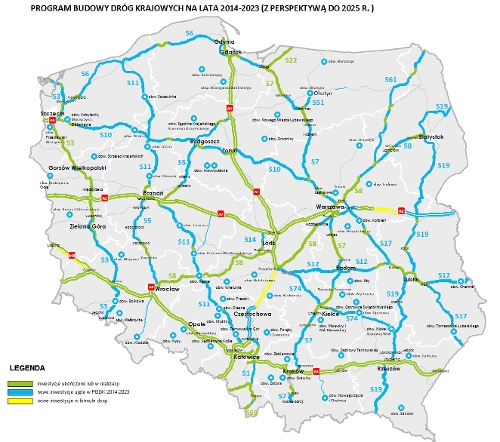 Docelowa sieć dróg krajowych zgodnie z projektem PBDK na lata 2014-2023 (z perspektywą do 2025 r.), źródło: www.mir.gov.pl